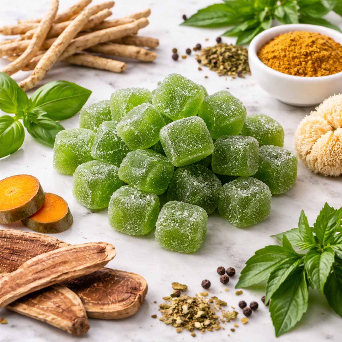 Adaptogen Gummies next to adaptogens