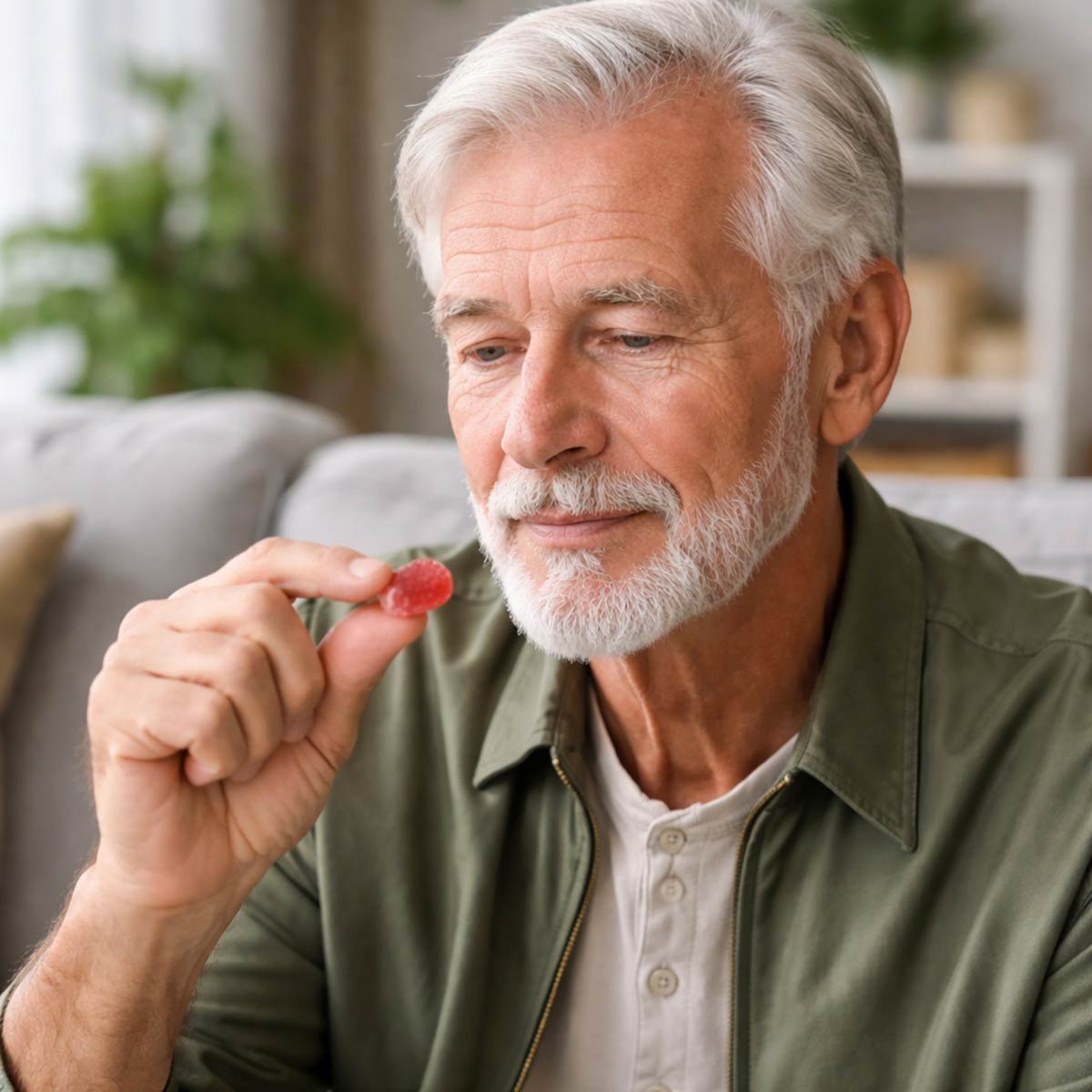 elderly man eating an antioxidant gummy