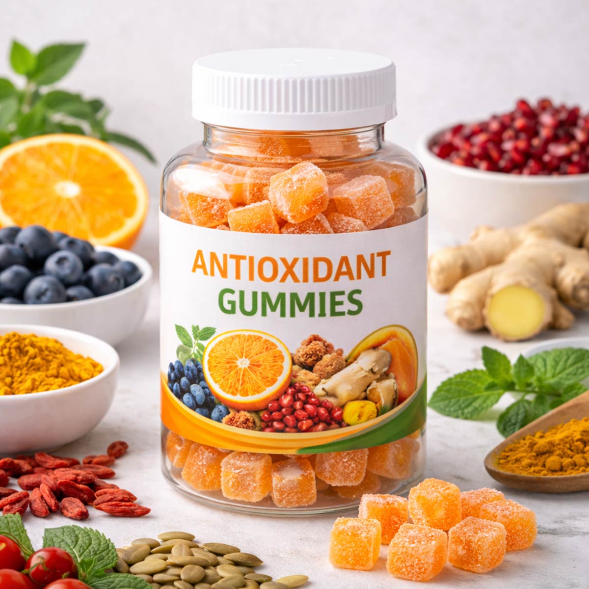 Antioxidant Gummies in a plastic bottle with antioxidant ingredients
