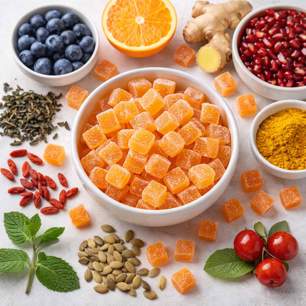 a bowl of antioxidant gummies surrounded by antioxidant ingredients