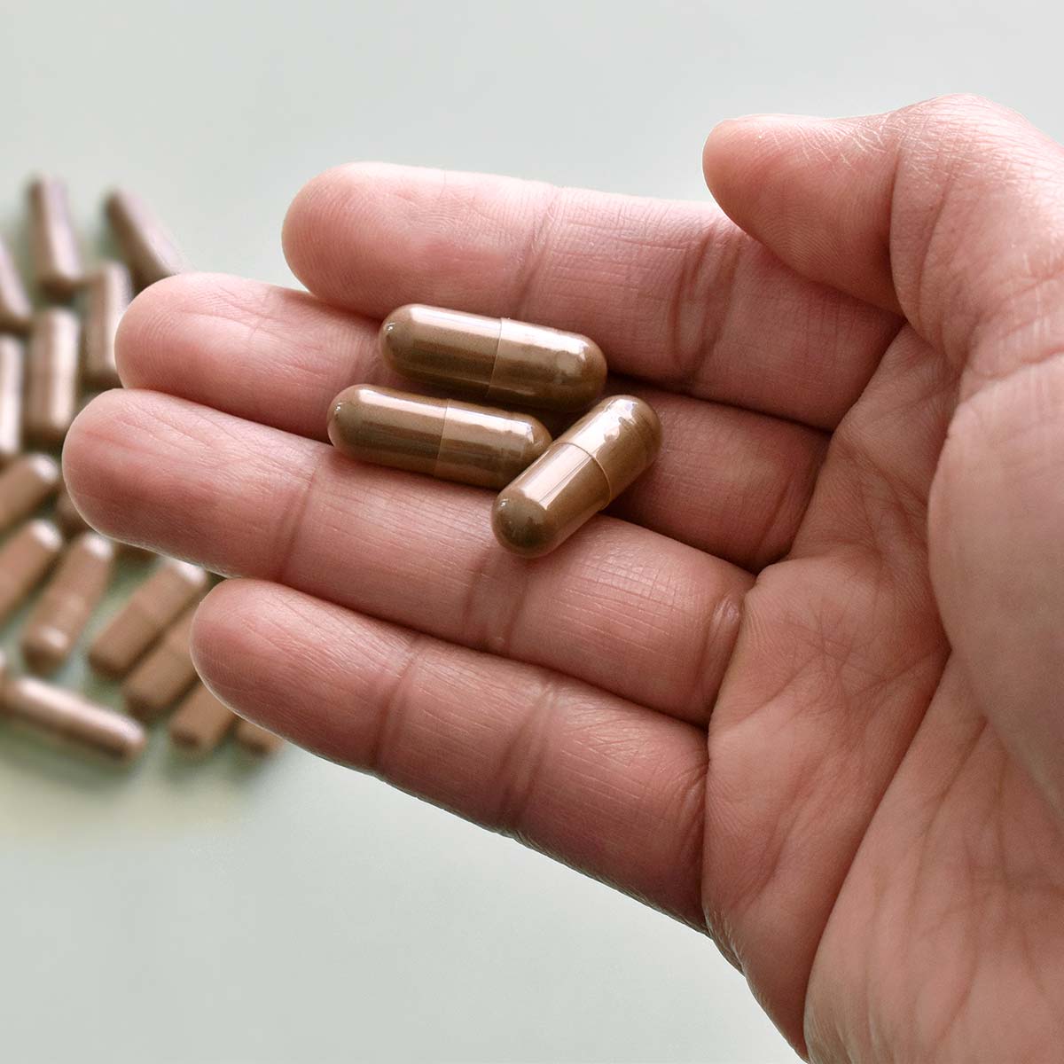 Herbal capsules being held in a hand