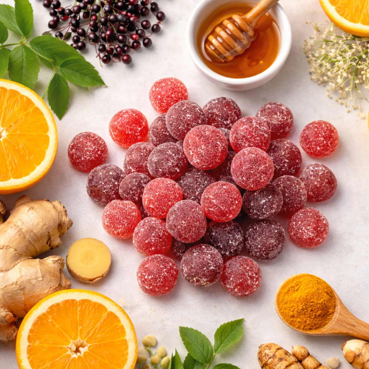 a pile of immunity gummies on a table next to immune-boosting ingredients