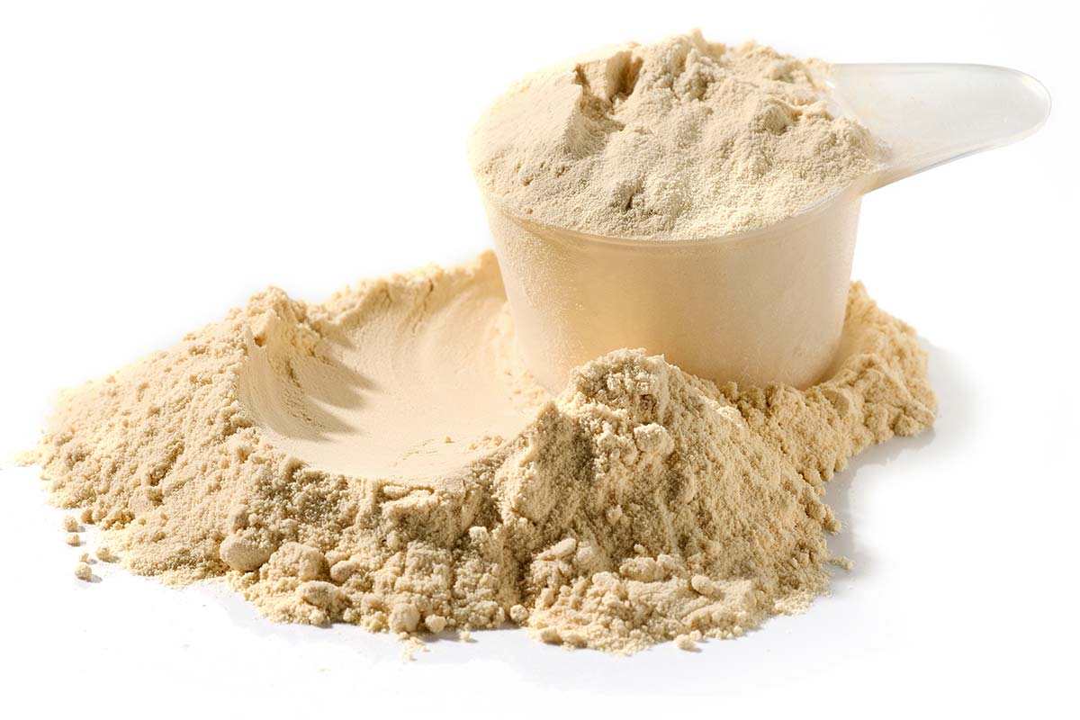 protein powder in a scoop next to a pile of vanilla protein powder