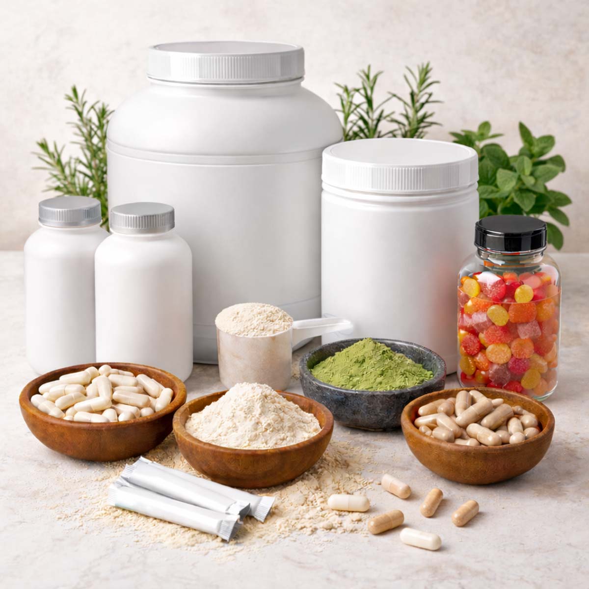 Supplements on a table, including powders, capsules, and gummies