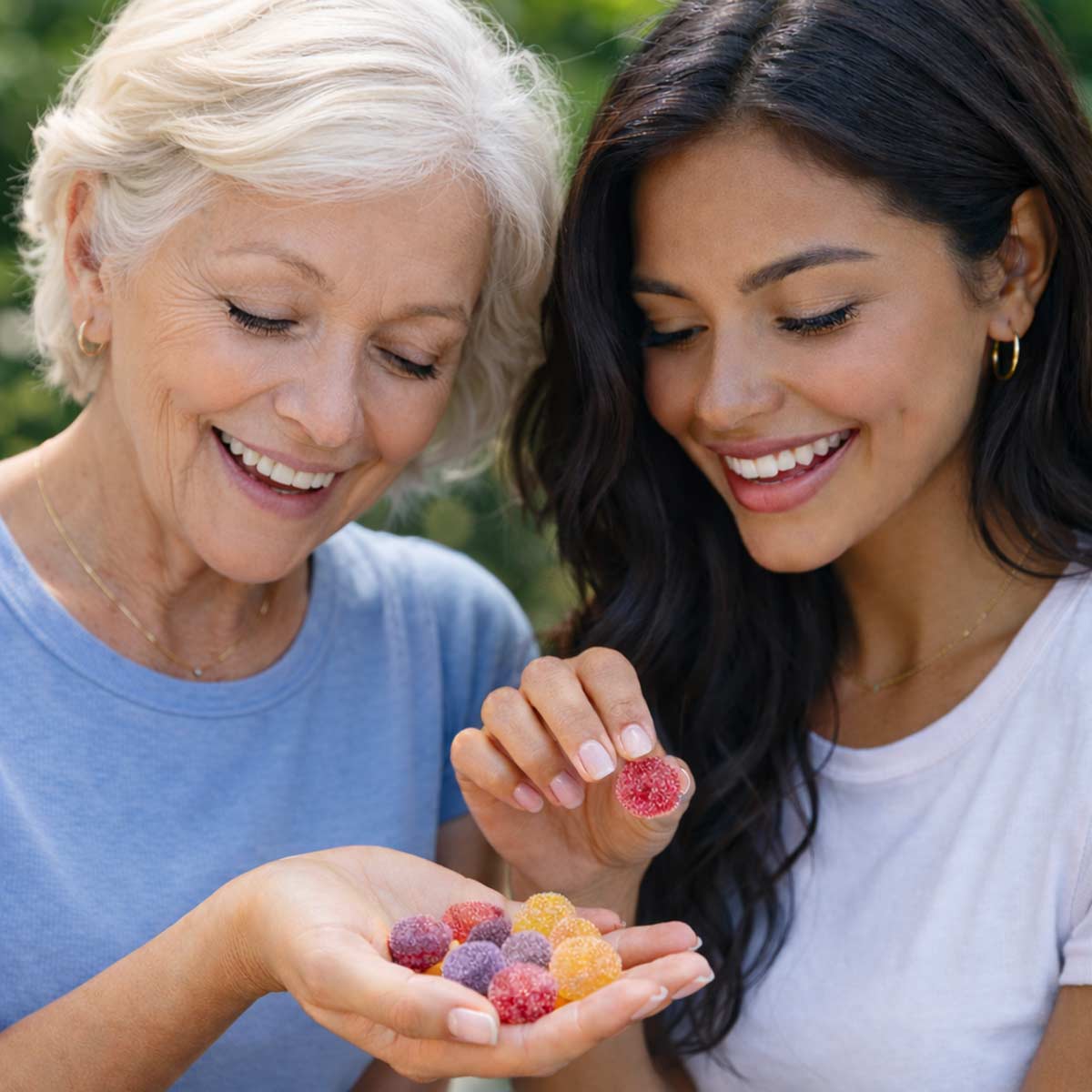 two women sharing gummy supplements