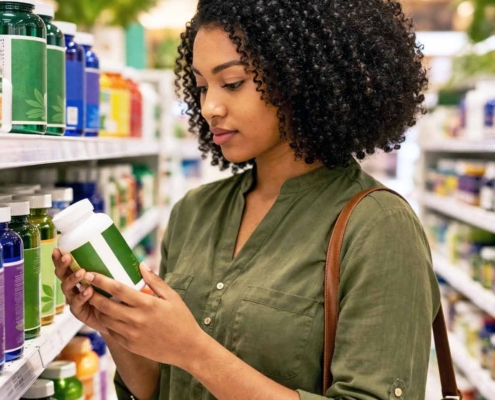 a woman reading the label of a nutritional supplement in the health food store