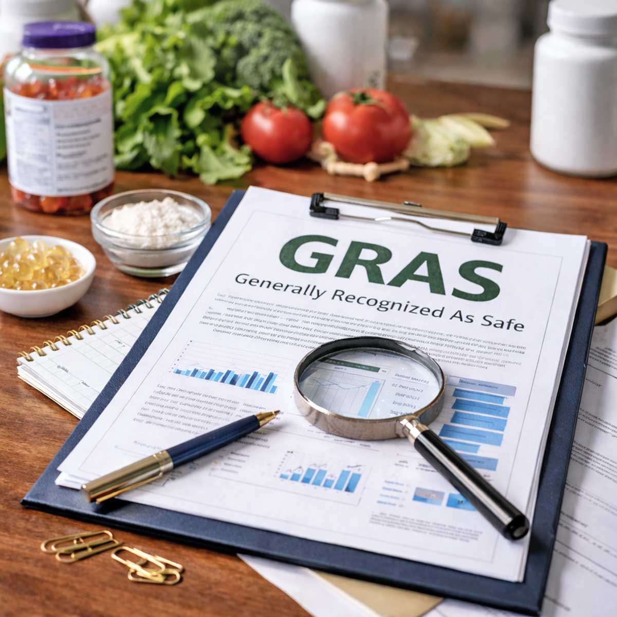 GRAS regulation clipboard with magnifying glass and pen
