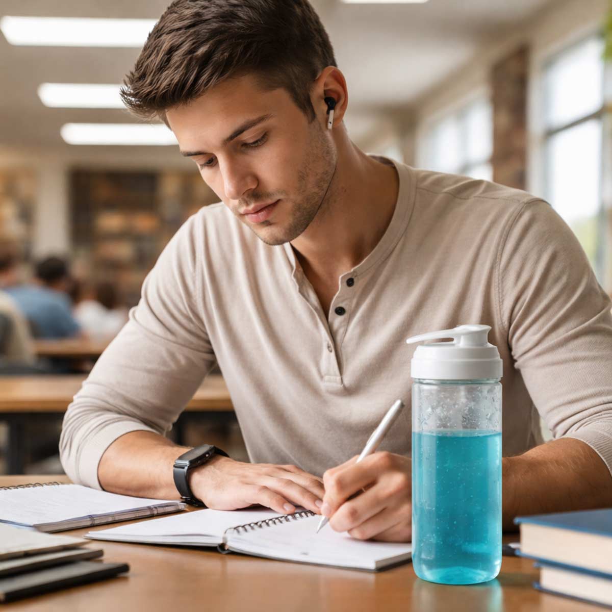 student studying for an exam with his hydration drink