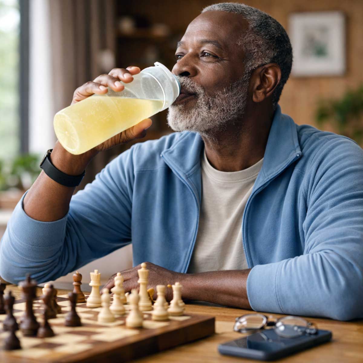 elderly male playing chess and drinking a hydration supplement beverage for longevity