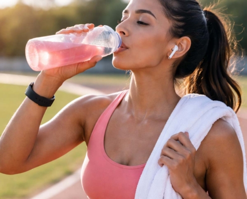 woman drinking hydration beverage after a run