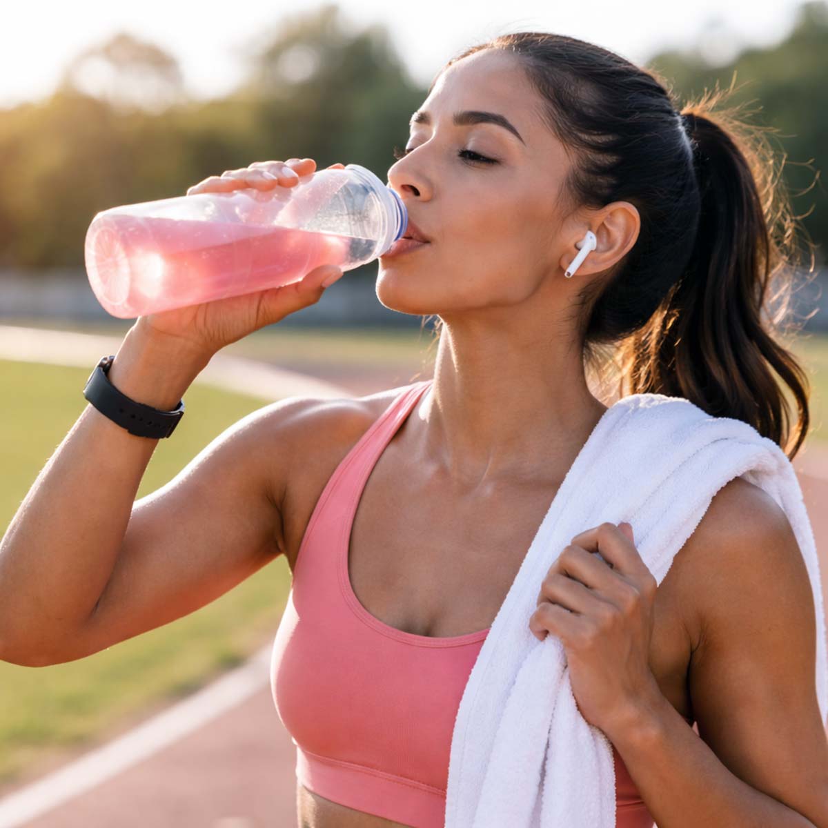 woman drinking hydration beverage after a run