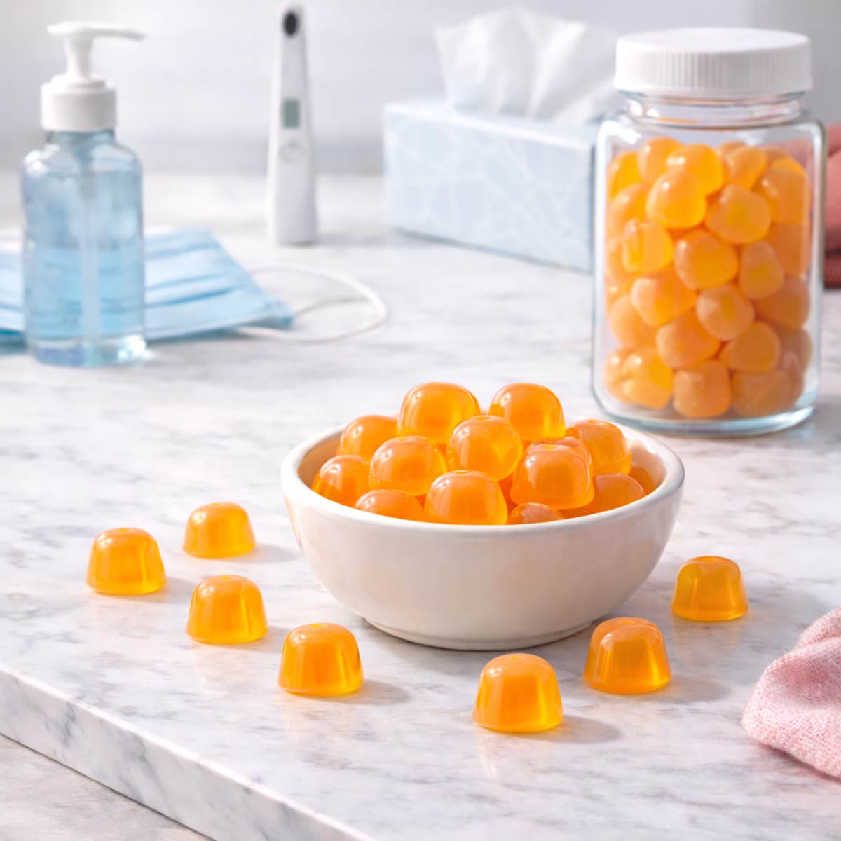 Peach Ring Flavored Immunity Gummies in a Bowl and bottle