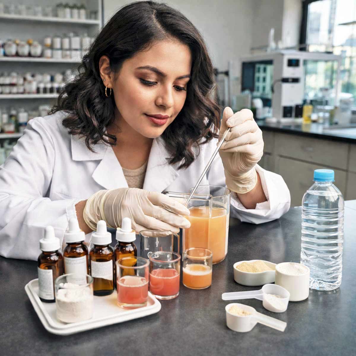 female scientist working on supplement formulation and flavoring