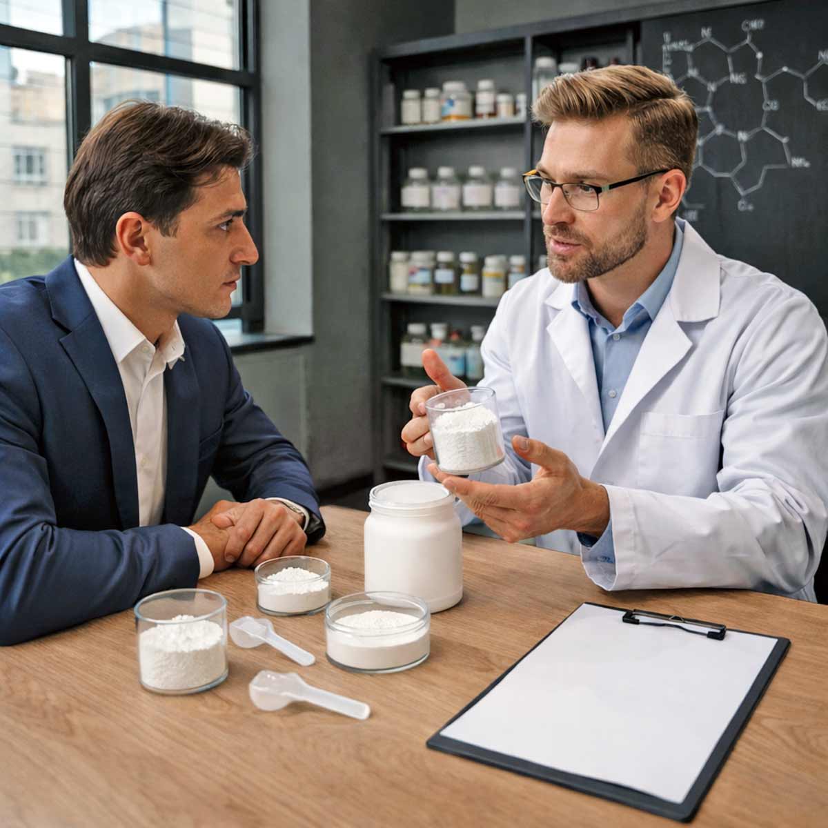 formulation expert speaking with a brand owner about his supplement ingredients
