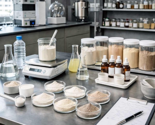 beakers, ingredients, and a scale in a supplement formulation lab