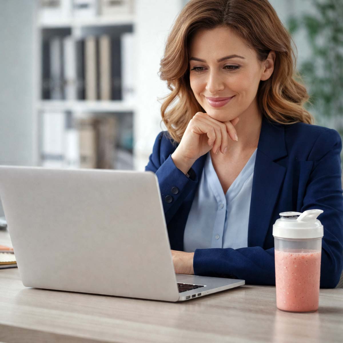 woman watching videos on her laptop while drinking her protein shake
