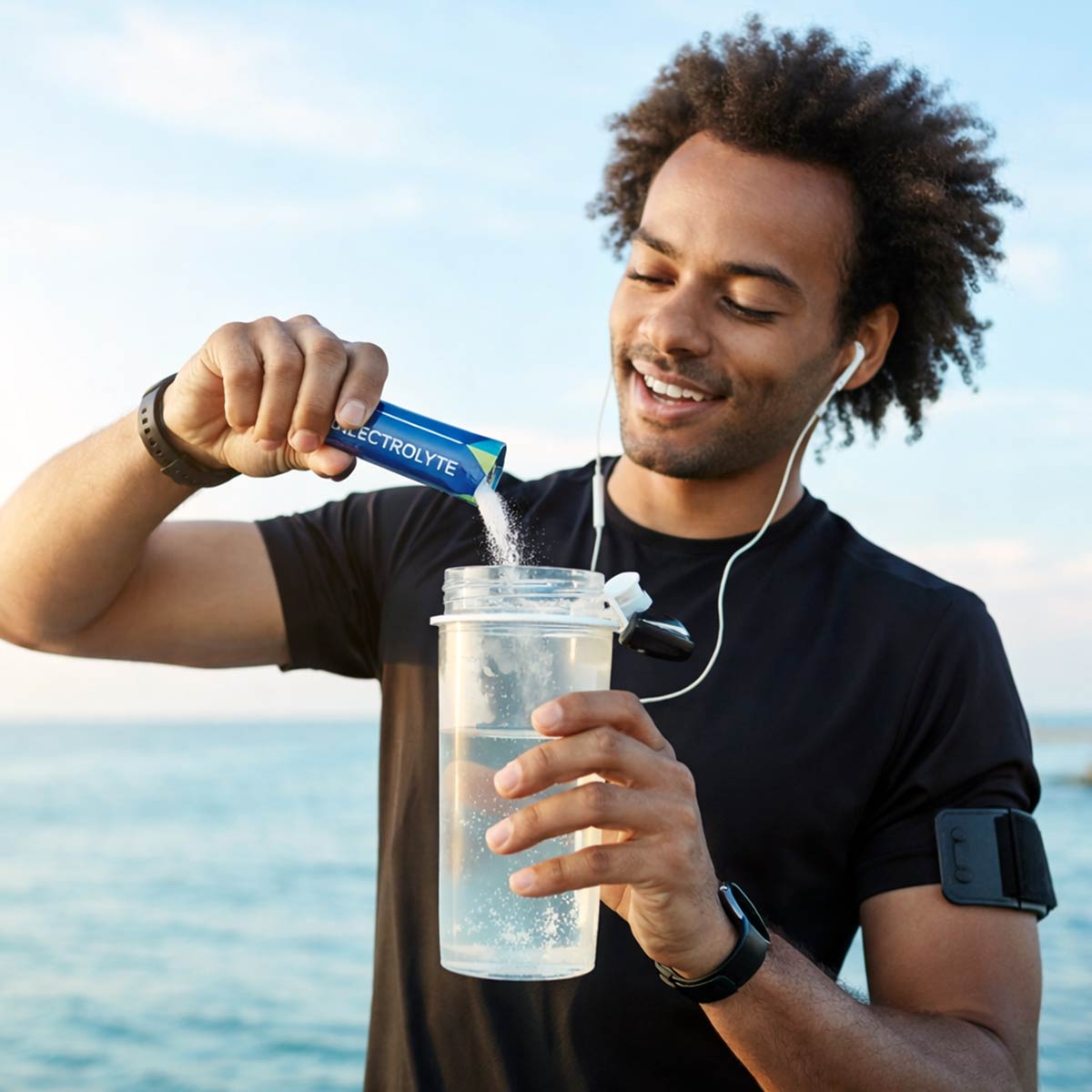 man pouring electrolyte stick pack powder into a shaker bottle while out running near the water