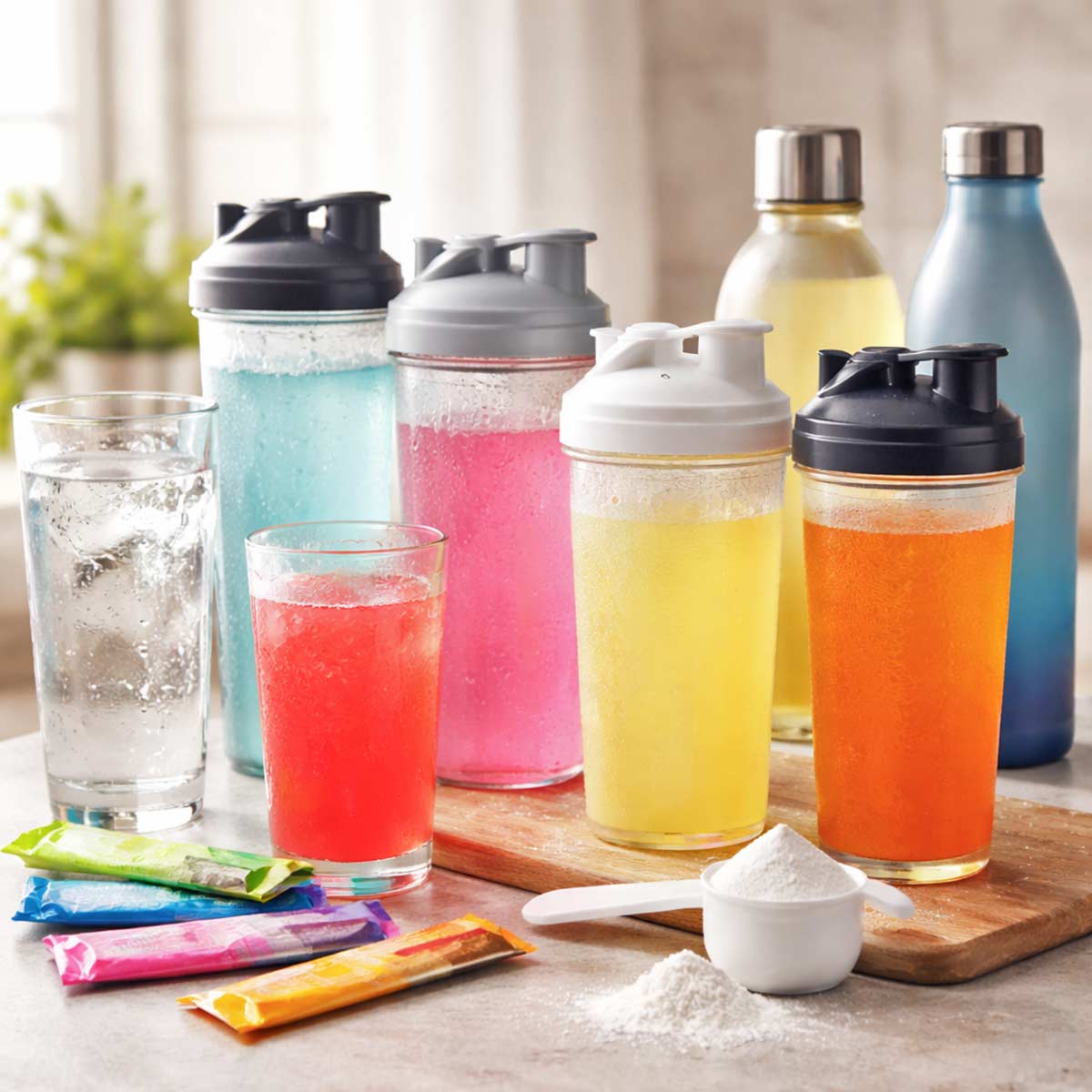 several various shaker bottles and glasses full of hydration beverage next to a scoop of powder and several stick packs