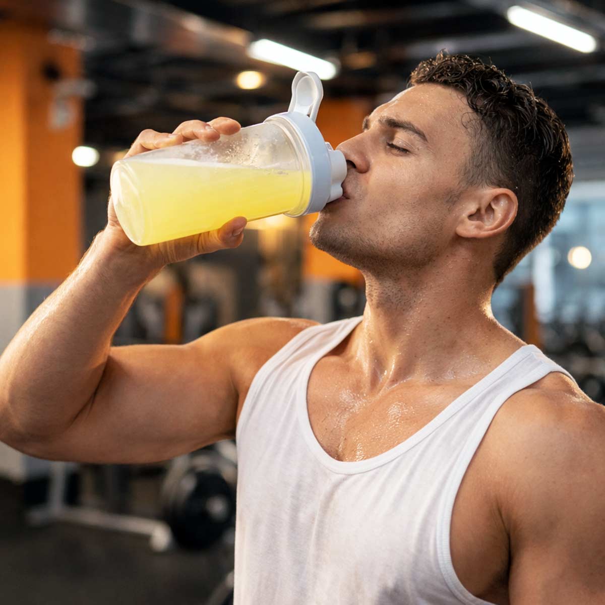 man drinking lemon-flavored hydration supplement after an intense workout