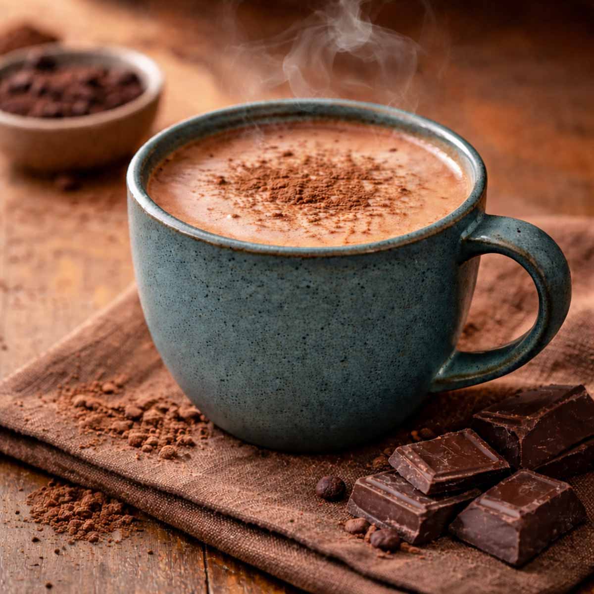 a cup of hot cocoa supplement with a brick of chocolate