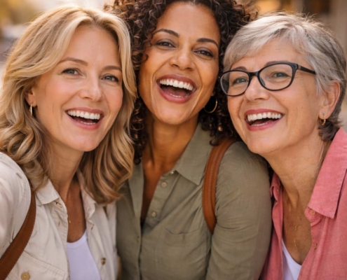 three women best friends having fun together while out shopping