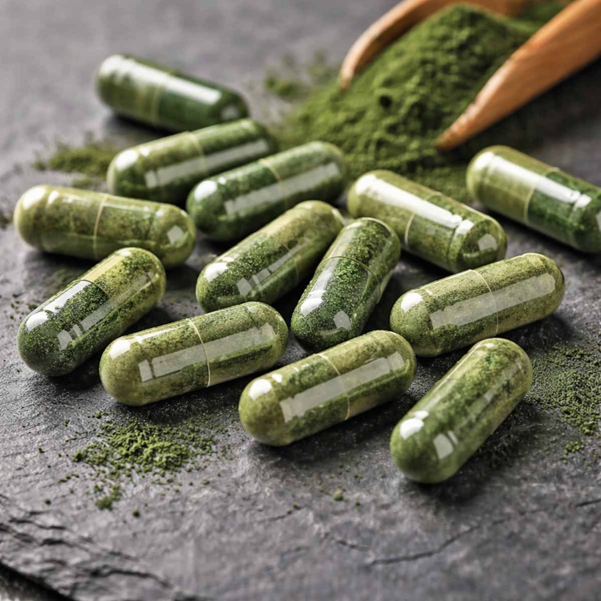 a pile of spirulina capsules