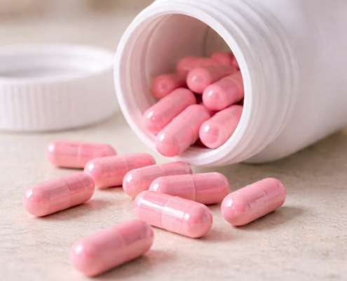 pink capsules spilled onto the counter