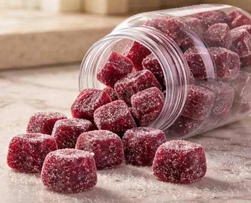 menopause support gummies spilling out of a bottle