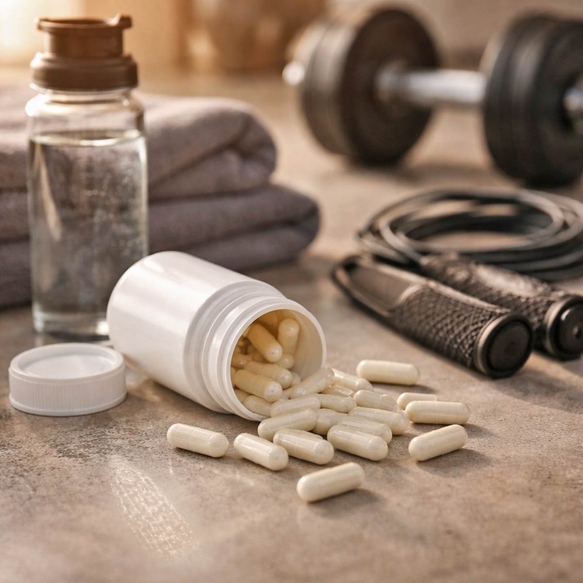 Salt capsules spilled out onto a counter next to exercise equipment
