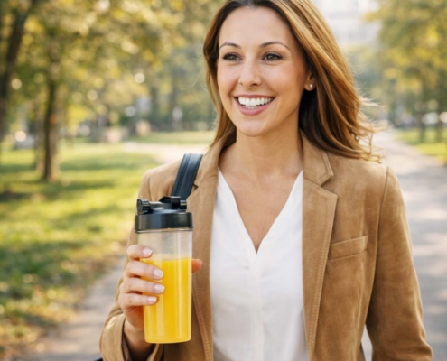woman holding a supplement hydration beverage in a shaker bottle while walking through the park