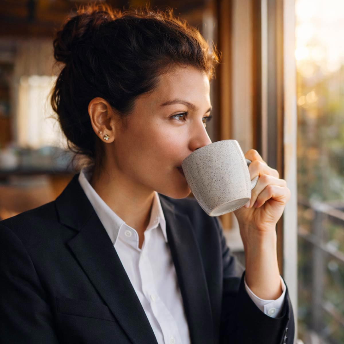 Womens Cycle Support Creamer woman in her business suit looking out the window while drinking her coffee and creamer