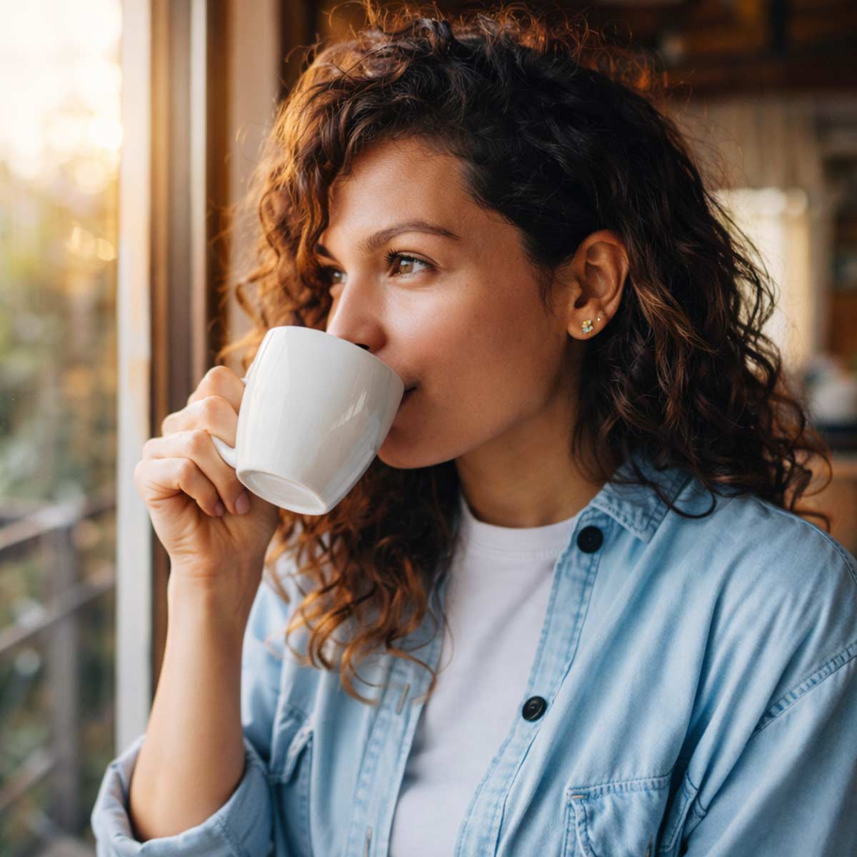 woman drinking her coffee alternative functional beverage near the window in the early morning