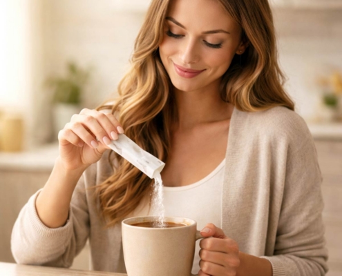 woman adding cycle support creamer to her coffee to create a functional beverage