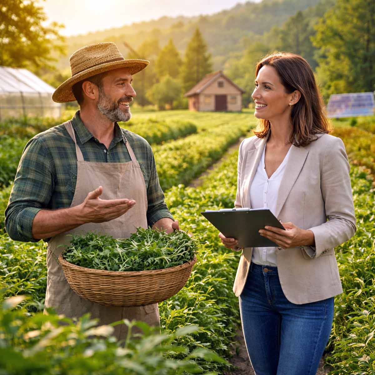 a man and a woman discussing sustainable agriculture