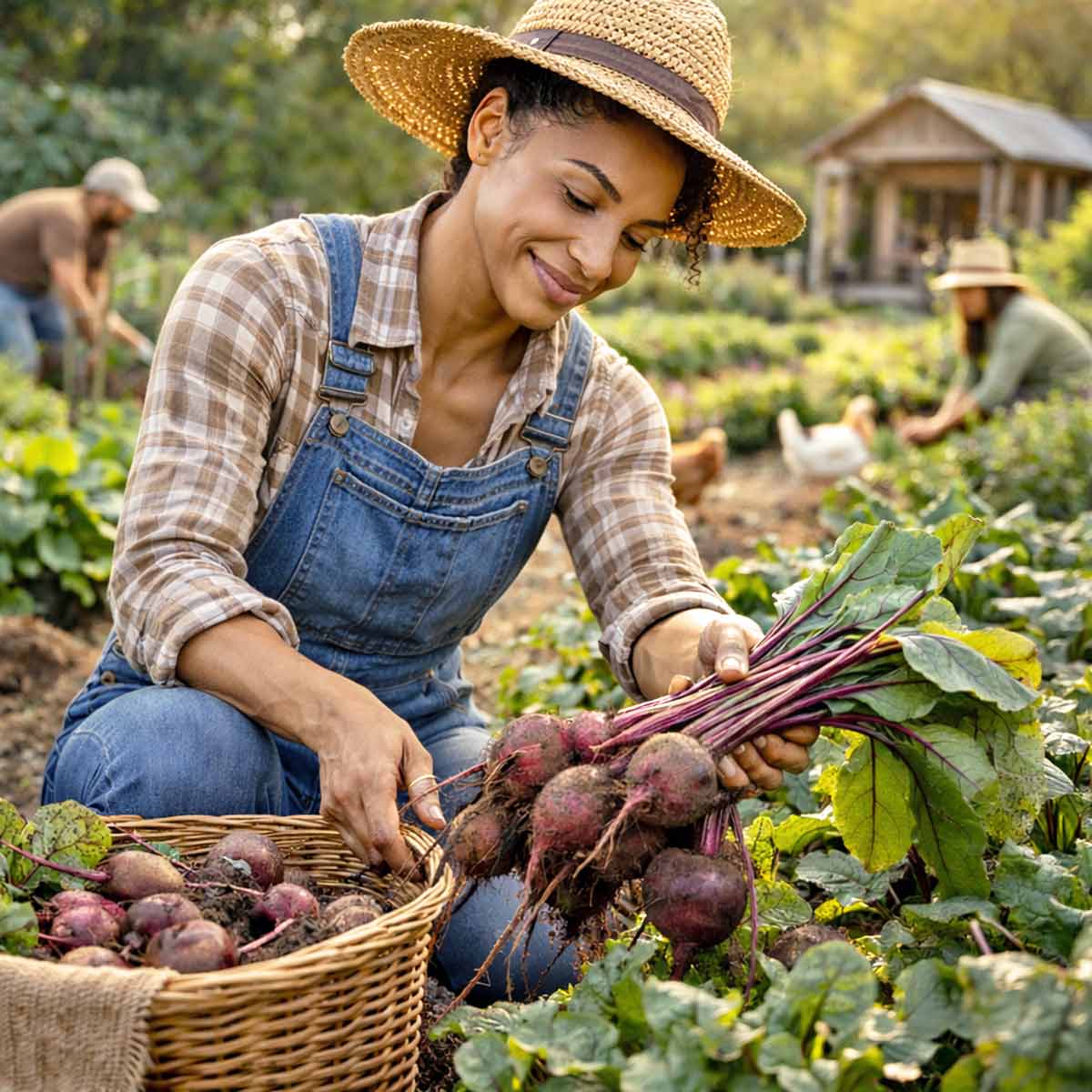 a woman wearing a hat while she harvest beet root on a sustainable farm