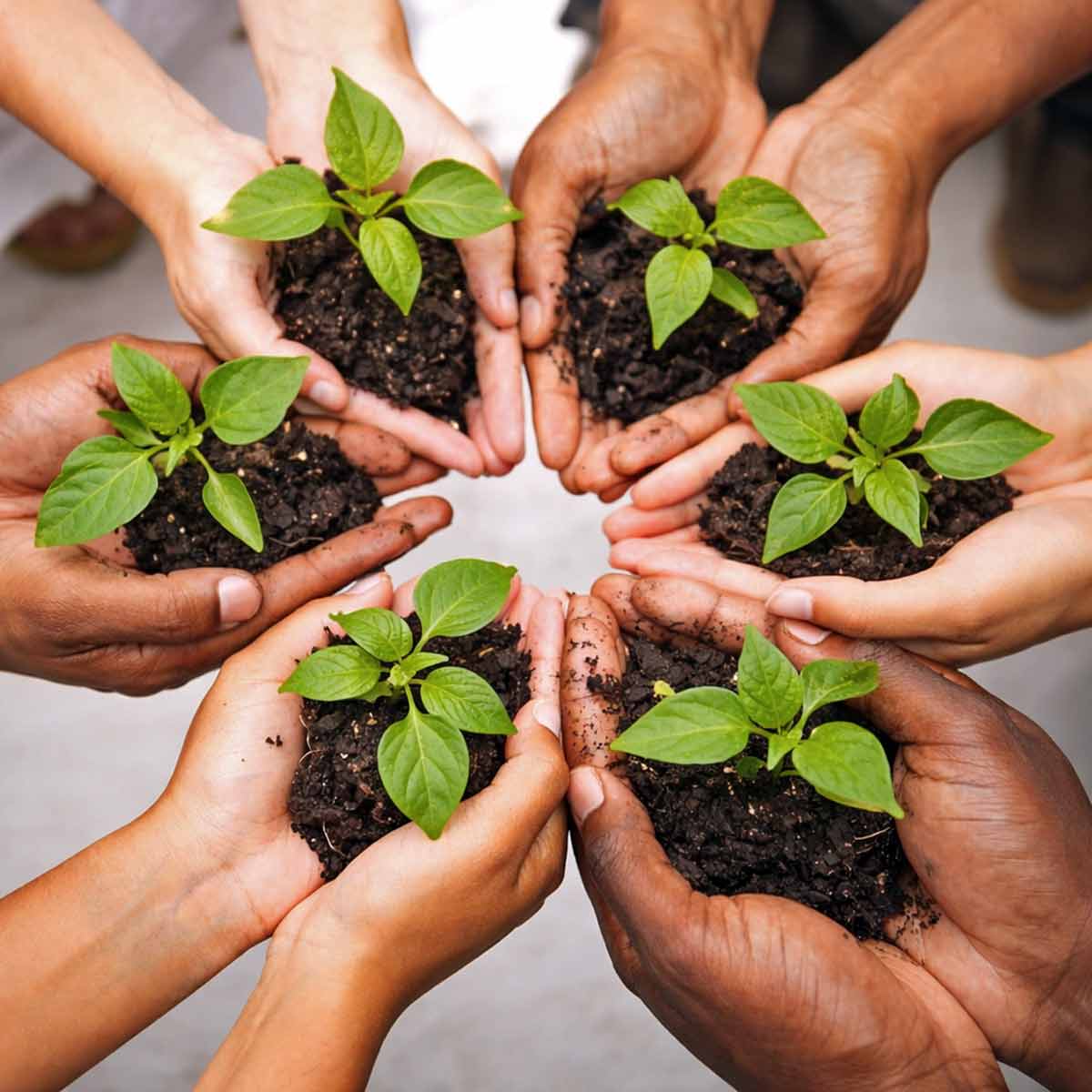 several hands in a circle holding new plant growth