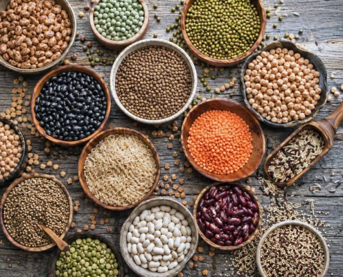 peas, rice, pumpkin seeds, and beans for plant-based protein powder