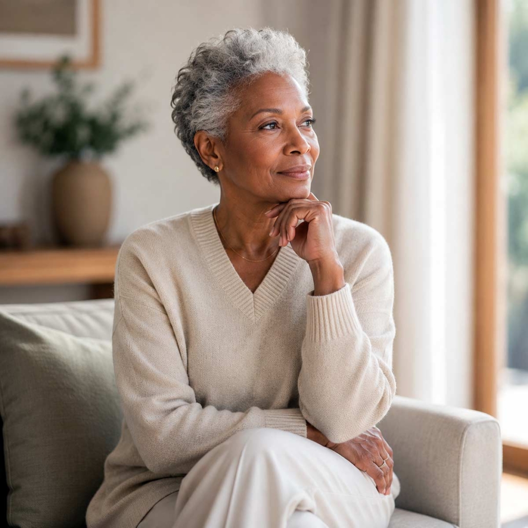 older black woman thinking on her couch while looking out the window