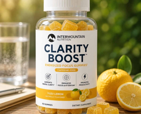Bottle of Clarity Boost caffeine-free energized focus gummies with Yuzu Lemon flavor