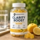 Bottle of Clarity Boost caffeine-free energized focus gummies with Yuzu Lemon flavor