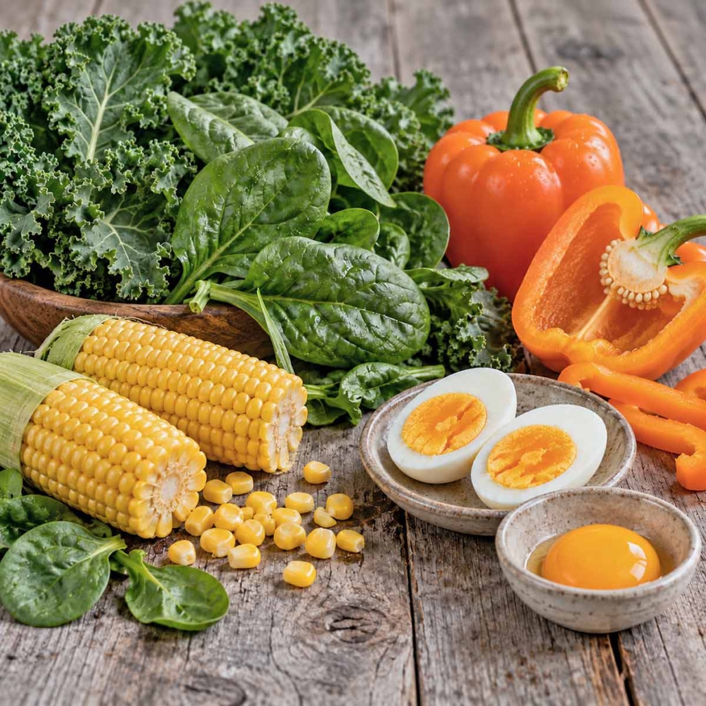 foods like egg yolks, peppers, leafy greens, and corn containing Lutein and Zeaxanthin for Antioxidant Supplement Formulation