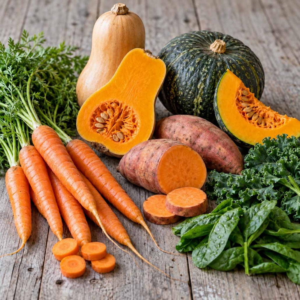foods rich in beta-carotene and vitamin A, including carrots, sweet potatoes, winter squash, leafy greens, and other yellow, orange, or dark-green vegetables for Antioxidant Supplement Formulation