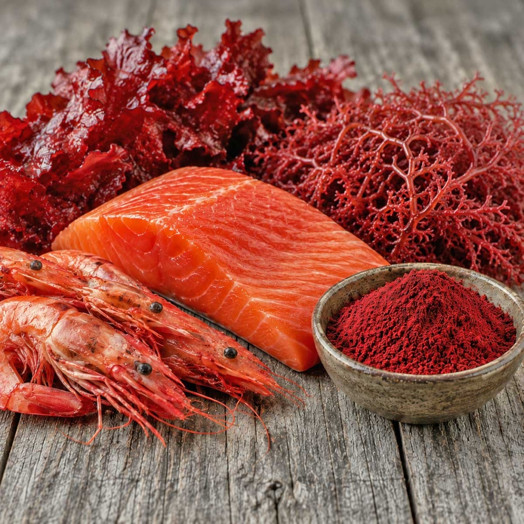 items containing astaxanthin, including shrimp, salmon, algae, and sea moss for Antioxidant Supplement Formulation