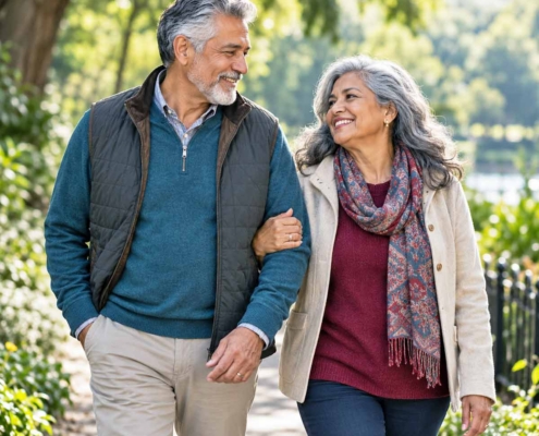 older couple walking in the park during autumn