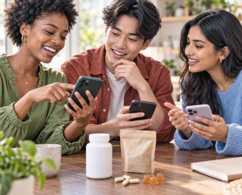 three friends discussing and researching supplements for health and wellness